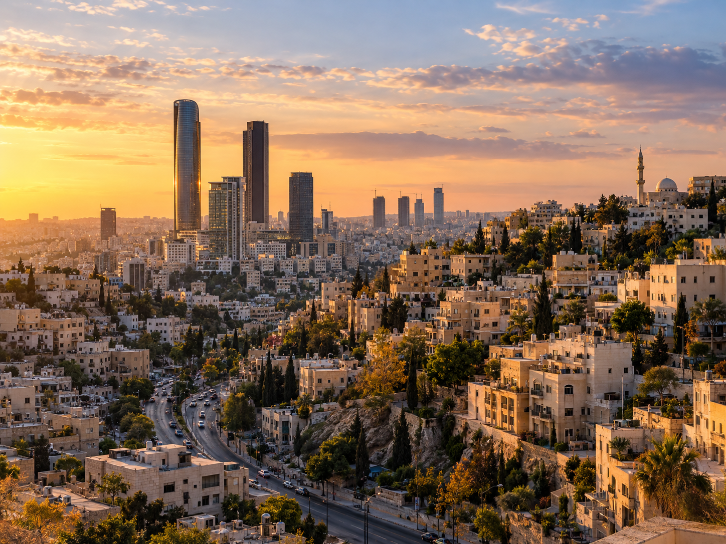 Panoramic skyline of modern and developed areas in Amman, Jordan at sunset